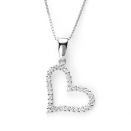 Gift From New York Women's Necklace, Platinum, Processed, Open Heart, 925 Silver, Hypoallergenic, For Women, Created Diamond