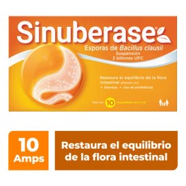Sinuberase Probióticos en Suspensión 2 Billones de UFC 10 Ampolletas. Restaura el Equilibrio de la Flora Intestinal Alterado por Diarrea o Uso de Antiobióticos