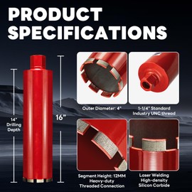 DaduoRi Premium 4" Wet Core Drill Bit for Hard Concrete with High-Density Diamond, Precision-Welded Segments, 1-1/4"-7 UNC x 14" Depth, Industrial Grade for Concrete Rebar, Brick, Masonry, Asphalt