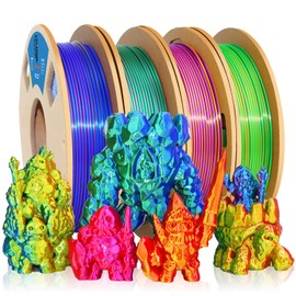 PLA Filament 1.75mm, Tri-Colors 3D Printer Filament, Rainbow PLA Filament Bundle, Coextrusion 3D Printing Filament with Silk PLA Color Change, 3D Printing Filament 1.75+/-0.02mm, 200g X 4 Spools