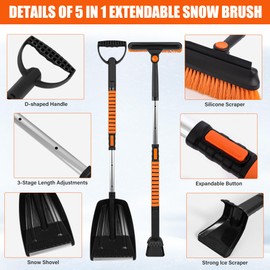 OPKING Extendable Ice Scraper and Snow Shovel for Car, 5-in-1 31" - 40" Snow Brush with Squeegee, Snow Scraper with 180° Pivoting Brush Head and Foam Grip for Car Windshield, Truck, SUV