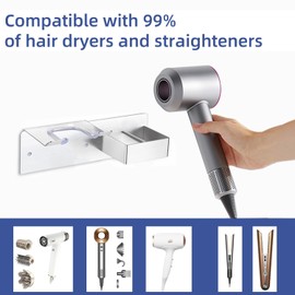 Hair Dryer Holder Wall Mounted, Hair Tool Organizer Wall Mount for Bathroom, Stainless Steel Hair Dryer Holder, Blow Dryer Holder Adhesive/Drilling Hair Dryer and Straightener Holder UEMUSI