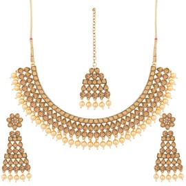 I Jewels Traditional Gold Plated Handcrafted Stone Studded & Pearl Necklace Set with Earrings & Maang Tikka for Women (M4111FL)