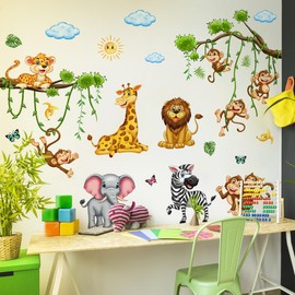 LOONELO Jungle Safari Wall Stickers – Peel & Stick 3D Cartoon Tree Branch Cloud Lion Giraffe Leopard Elephant Monkey Butterfly Decals, Removable Vinyl Mural for Nursery Bedroom Decor