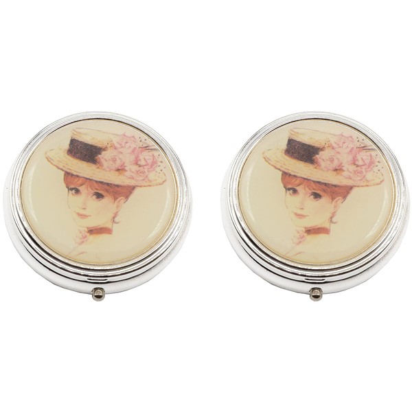 Set of 2 Circular Triple-Compartment Pocket Purse Pill Box & Organizer with Insert (Victorian Floral Hat)