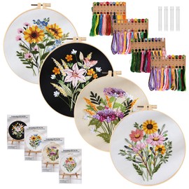 BYZESTY Embroidery Kit 4 Pieces Embroidery Set Beginners, Embroidery Set Adults, Stick Sets for Embroidery Beginners Embroidery Pictures Pre-Printed Cross Stitch with Floral Pattern for DIY Art,