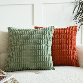 Panleding Pack of 2 Decorative Throw Pillow Covers, Corduroy Boho Striped Pillow Cases, Simple Modern Home Decor for Sofa Living Room Couch Bed, 18x18 Inch, Sage Green & Rust