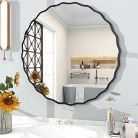 Black Bathroom Mirror for Wall, 24 Inch Round Wavy Mirror with Wood Frame for Bathroom Bedroom Living Room or Entryway(24")