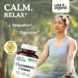 Wild & Organic Chamomile Capsules 800 mg - Relaxation & Digestive Support - Herb Chamomile Powder Supplement - Matricaria Recutita Flower - Vegan, No Fillers, Non-GMO - 90 Count