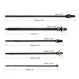 sourcing map 160pcs Push Mount Cable Zip Tie Set 5 Size Nylon Self Locking Cable Strap Universal Threaded/Arrow Style Heavy Duct Snap in Cable Zip Ties for Electronic Auto Industry, Black