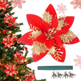 24Pcs Poinsettias Artificial Christmas Flowers Glitter Christmas Flowers with Clips and Steams for Christmas Tree Decorations Home Party Christmas Decor (Red)
