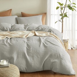 Boqingzhu Doppelte Muslin Bettwäsche 135x200cm Baumwolle Grau Hellgrau Weich Kuschelig Sommer Baumwollbettwäsche Set Leinen Bettbezug 135x200cm und Kissenbezug 80x80cm mit Reißverschluss