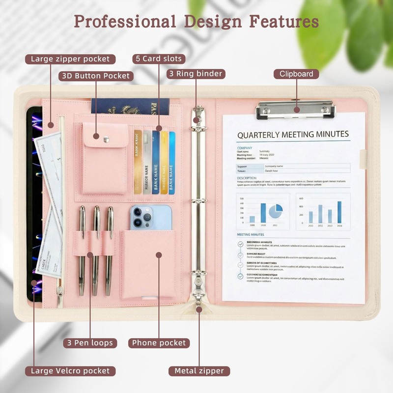 Zippered Padfolio with 3-Ring Binder & Clipboard, PU Leather Portfolio