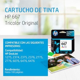 HP Cartucho de Tinta 667 Tricolor Original, para Impresora DeskJet Ink Advantage 1275, 2374, 2375, 2376, 2775, 2776, 6076, 6476, 6476, Rendimiento hasta 100 páginas (3YM78AL)