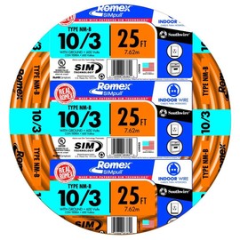 Southwire 63948421 25' 10/3 with ground Romex brand SIMpull residential indoor electrical wire type NM-B; Orange