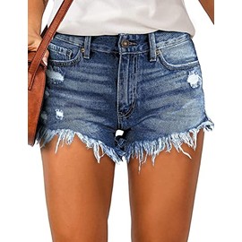Necooer Womens Denim Shorts Summer Mid Waist Hem Ripped Stretchy Distressed Denim Shorts (Medium, Blue)