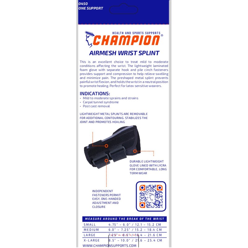 Champion Wrist Splint, Universal Fit, Maximum Support, Airmesh Fabric, Black,