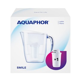 AQUAPHOR Water Filter Jug Smile, Space-saving, Lightweight Fridge door fit 2.9L Capacity 1 X A5 Filter Included with added Magnesium Reduces Limescale Chlorine & Microplastics, White.
