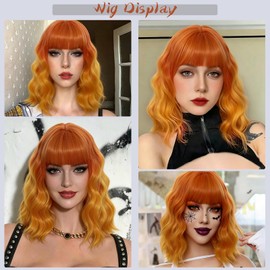 14" Short Orange Ombre Curly Wig For Women Girls Heat Resistant Fiber Wigs Halloween Cosplay Daily Party+Cap (Orange Ombre)