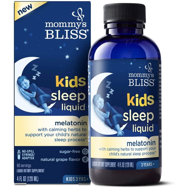 Mommy's Bliss Kids Sleep Liquid with Melatonin & Calming Herbs: Natural Sleep Aid for Kids, Natural Grape Flavor, Free of Sugar, Artificial Colors, Flavors, or Gelatin, Age 3+, 4 Fl Oz (60 Servings)