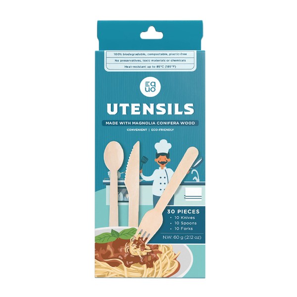 EQUO Wooden Utensils, Biodegradable and Compostable (Combo, Pack of 30,