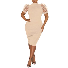 Annystore Dresses for Women 2025 Elegant Classy Summer Sheer Short Sleeve Graduation Wedding Guest Knit Ribbed Bodycon Dress Formal Chunch Dress Khaki XL