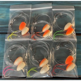 1 - Hi-Low, Pompano Rig, Surf Fishing Rig, Fishing Rigs, Double Drop Rig - High Gloss Bullet Float in White-Orange, Pro-Tec Neon Colored Hooks, 30Lb Fluorocarbon Leader: 1.Flou.Rigs.21