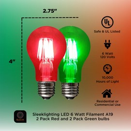 SLEEKLIGHTING LED 6Watt Filament A19 Green Colored Light Bulbs – UL Listed, E26 Base Lightbulb – Energy Saving - Lasts for 25000 Hours - Heavy Duty Glass - 4 Pack (Red and Green)
