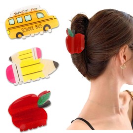 KICOSY 3PCS Back to School Hair Claw Pencil Apple and School Bus Shape Hair Clips Funny Teacher Claw Clips Cute Teacher Gifts