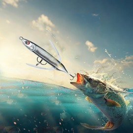 Deep Sea Fishing Lure, Metallic Green, Double Hook Design with Wing Fins (Silver-Colored)