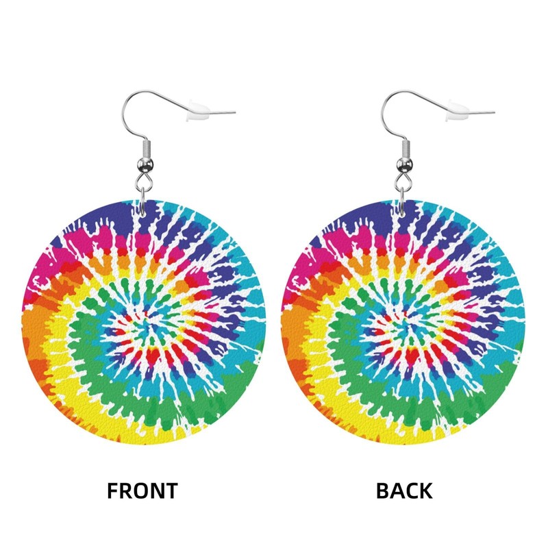 Faux Leather Earrings Tie Dye Round Dangle Earrings Jewelry For