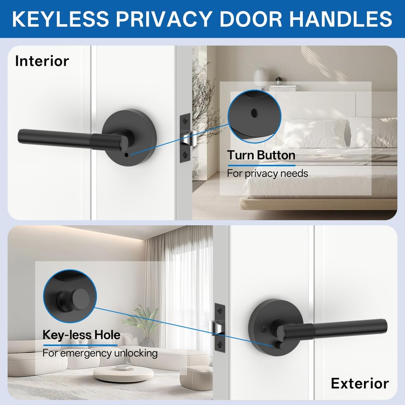Amerdeco 3 Pack Matte Black Door Handles Interior,Knurled Privacy Door