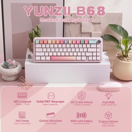 YUNZII B68 Wireless Mechanical Keyboard,Tri-Mode BT5.0/2.4GHz/USB-C Hot Swappable Gasket Creamy Keyboard, RGB Backlit NKRO, Cute Keyboard for Win/Mac (Pink, Cocoa Cream V2 Switch)