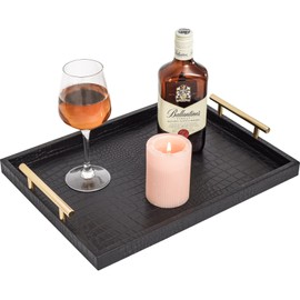 MACVAD Set of 2 Modern Elegant Large Wood Serving Tray, Rectangle Decorative Tray Ottoman Tay Coffee Table Tray, Black Crocodile Leather with Gold Polished Metal Handles