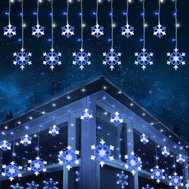 Toodour Christmas Snowflake Lights Outdoor, 17.22ft 264 LED Snowflake Icicle Lights with 22 Drops, Connectable, 8 Modes Waterproof Christmas Light for Eaves, Window, Xmas Decor - White & Blue