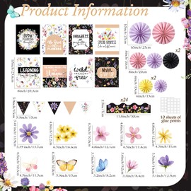 Pajean 62 Pcs Wildflower Classroom Bulletin Board Decorations with 3D Paper Fans Inspirational Posters Cutouts Floral Positive Bulletin Board Set Motivational for School Classroom Home Decorations