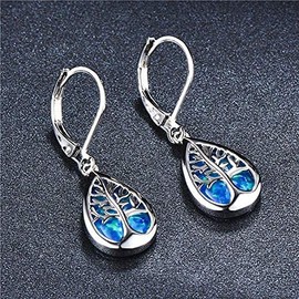 925 Sterling Silver Jewelry Exquisite Water Drop Blue White Fire Opal Life Tree Dangle Earrings For Women