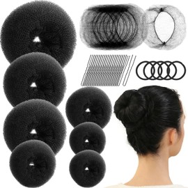 Fandamei Hair Bun Maker Set- 7 PCS Hair Donuts for Buns (1 Extra-large,2 Large,2 Medium and 2 Small), 10 Invisible Hair Nets for Buns, 20 PCS Bobby Pins, 5 PCS Hair Elastic Ties Black,Bun Maker-Black
