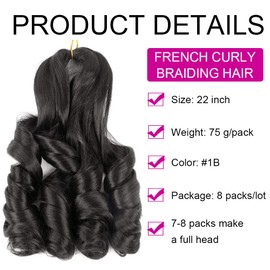 JVILO French Curly Braiding Hair for Box Braids 8Packs 22Inch Loose Wave Braiding Hair Pre Stretched Crochet Braids Spanish Curly Braiding Hair Synthetic Micro Spiral Curl Braiding Hair Extensions(22inch 8packs, #1B)