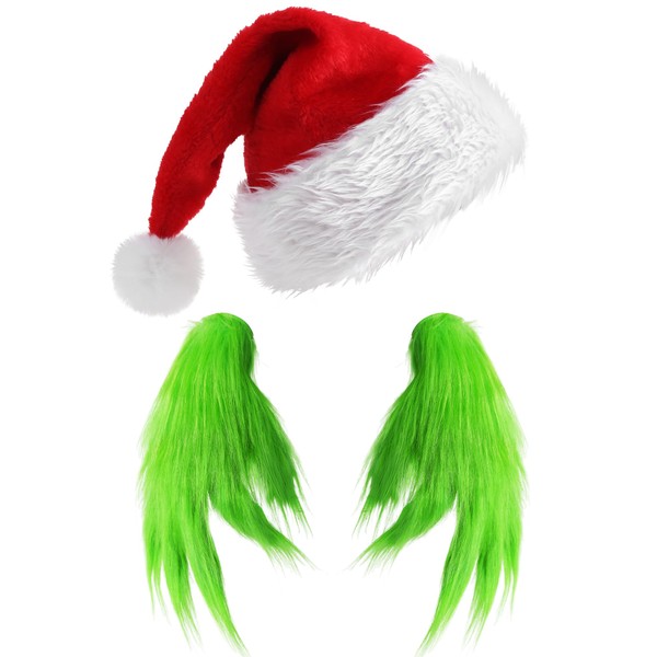 Christmas Hat with Green Furry Hand Gloves Adult Monster Cosplay
