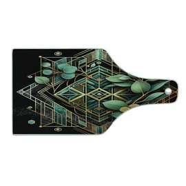 Ambesonne Eucalyptus Leaves Cutting Board, Art Deco Inspired Geometric Rhombus Ornament Botanical Look, Decorative Tempered Glass Cutting and Serving Board, Wine Bottle Shape, Black Laurel Green Amber