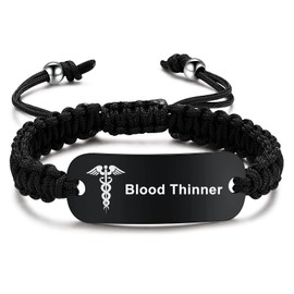 MAXZOOL BLOOD THINNER Medical ID Bracelet for Women | Medical Alert Bracelets for Men | Adjustable Emergency ID Bracelet with Nylon Rope | Black Medical Bracelet
