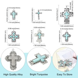 UR URLIFEHALL 12 Pcs 6 Styles Tibetan Style Turquoise Charms Antique Silver Crucifix Cross Charms for DIY Jewellery Making Religious Crafts