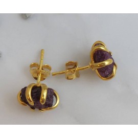 Handmade Large 6-8mm Raw Ruby Gold Plated Sterling Silver Stud Earrings - Natural Gem Gemstone - Handmade Jewelry Gift Ideas for Women - Birthday Gift - July Birthstone (yellow-gold-plated-silver)