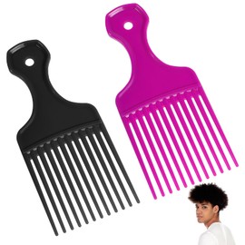 Hair Picks for Women, 2 Pcs Wide Tooth Afro Pick Plastic Pick Comb Hairdressing Styling Tool for Women and Men Curly Hair Detangling (Black, Purple)