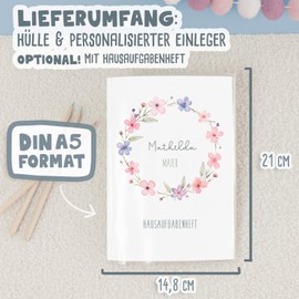 hellomini Hausaufgabenheft-Hülle DIN A5 – Personalisierter Einleger mit Name – liebevolle Motive – Schutzhülle für Schule & Vorschule Opt. Hausaufgabenheft (Blumenkranz Bunt, Einleger + Hülle)