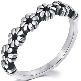 Jude Jewelers Retro Vintage Stainless Steel Stackable Flower Style Wedding Band Ring (Silver, 7)