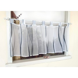 Devola Net Curtain with Wave Pattern Short Curtain Print Short Curtain with Loops Kitchen Curtain Short Modern Voile Bistro Curtain Transparent H x W 45 x 60 cm Grey Pack of 1