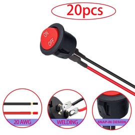 RUNCCI-YUN 20 x Round Rocker Switch ON-OFF Toggle Switch 12 V Car Switch SPST Mini Rocker Switch 20 mm 2-pin 6 A/250 V 10 A/125 V AC for Motorcycle, Saloon, Boat (Red with Wire)