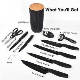 Knife Set, 10 Piece Kitchen Knife Set with Block and Sharpener, Anti-Rust Stainless Steel Knives Set for Kitchen, Chef Universal Knife Block Set, Dishwasher Safe, Ergonomical Design, Black